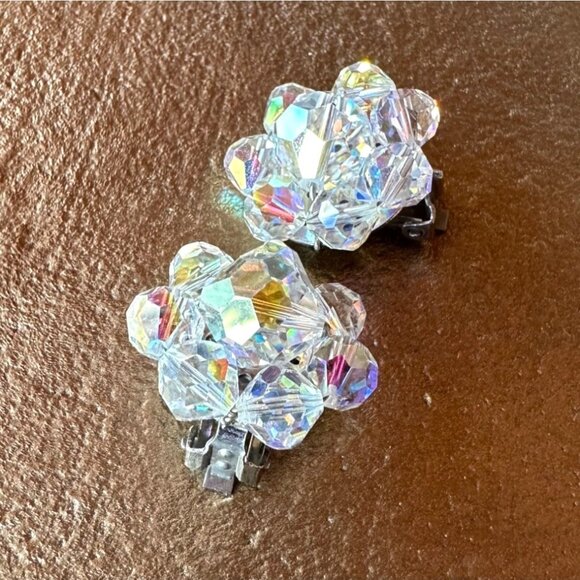 Vintage Aurora Borealis Crystal Bead Cluster Clip-On Earrings Retro Sparkling - Picture 8 of 8